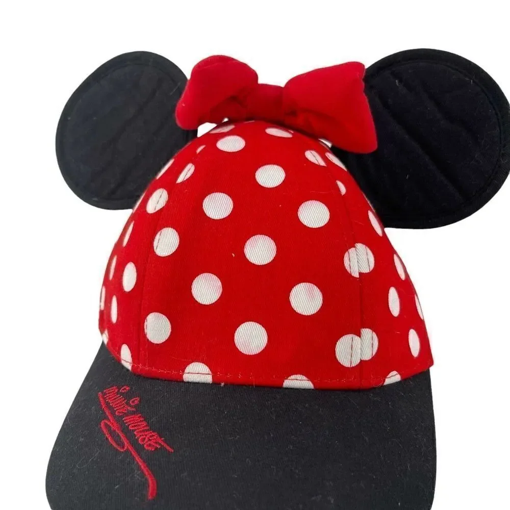 Minnie Mouse Ears Baseball Hat Red Polka Dot Bow Girls Disneyland Resort Cap